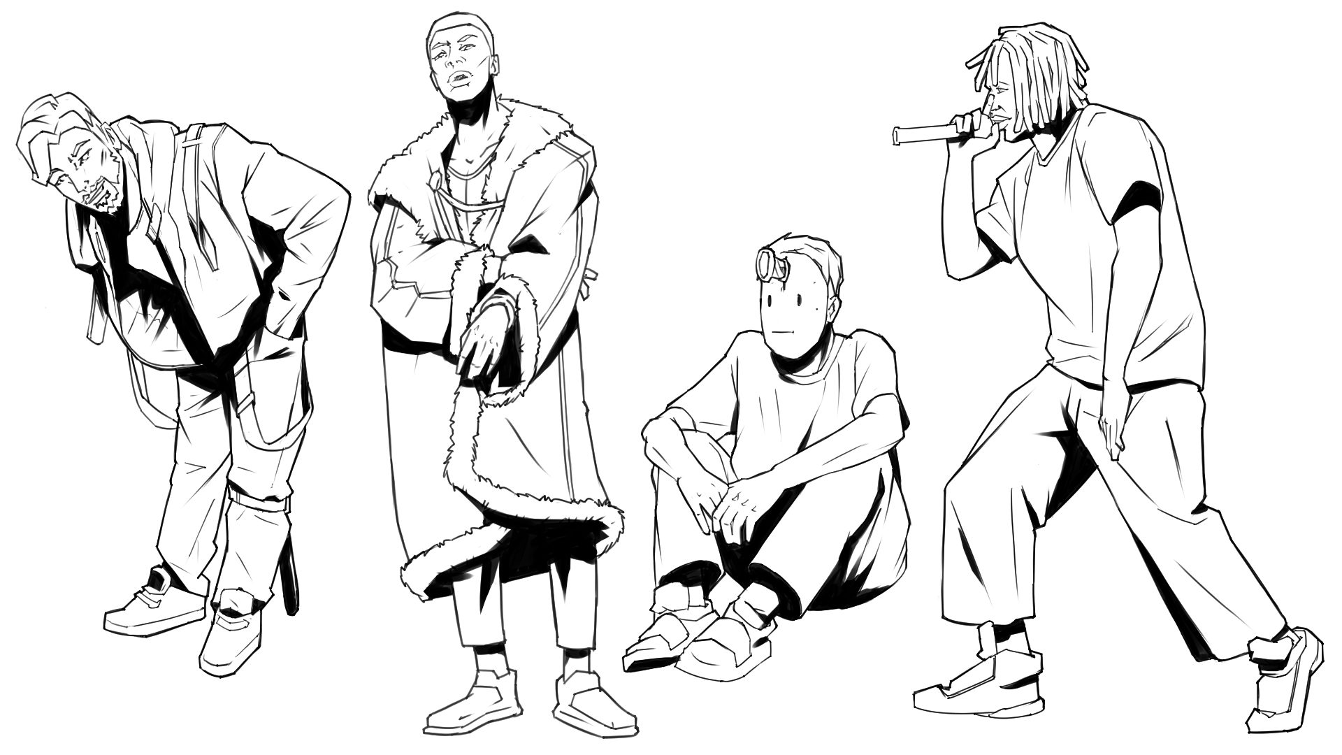 Line-art sketches of four Rejects: one hunched in a hoodie, one in a fur-trimmed coat, one sitting with goggles on his head, and one rapping into a mic
