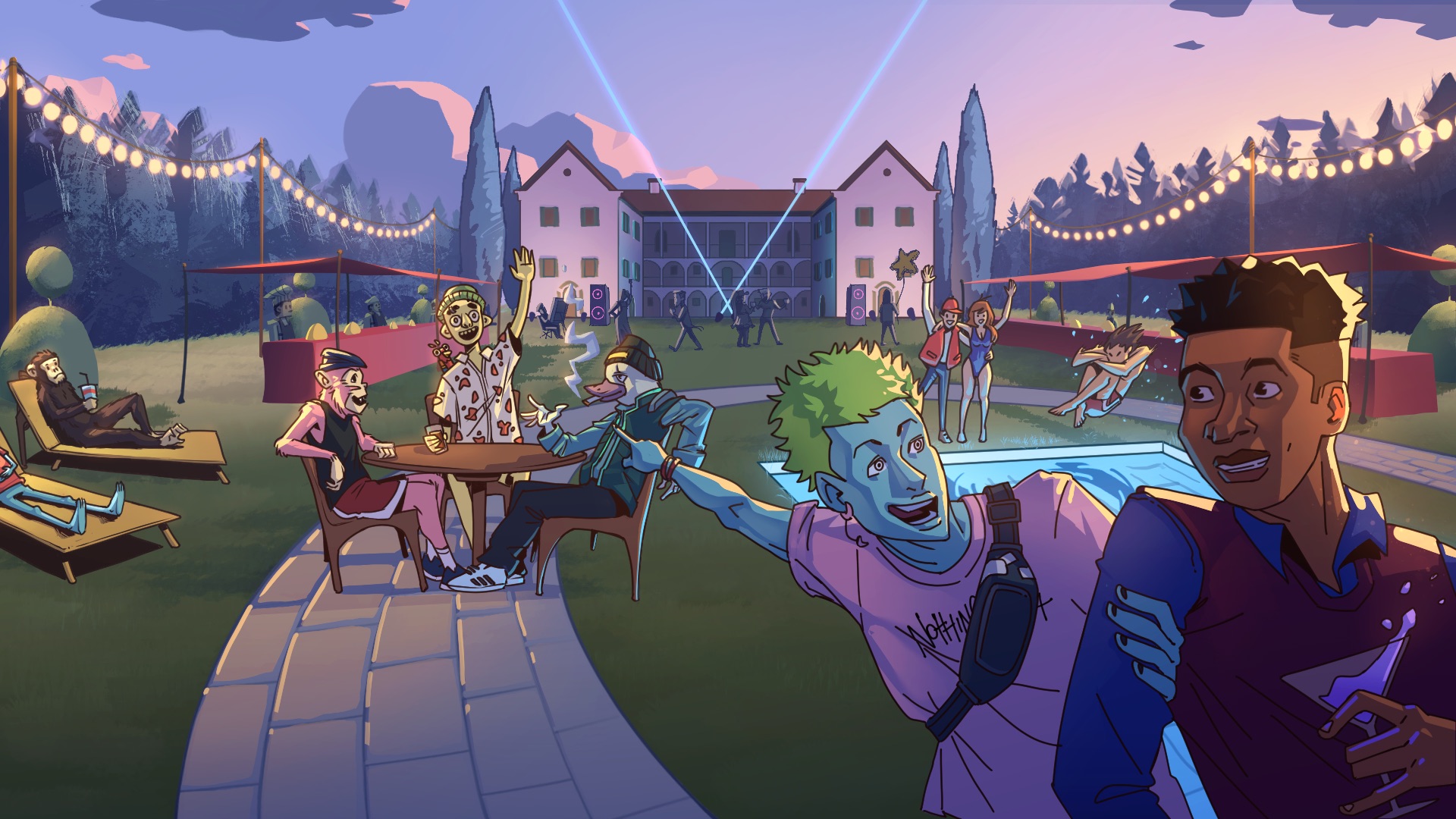 A Rejects mansion party with string lights, a pool and the whole crew hanging out on the lawn