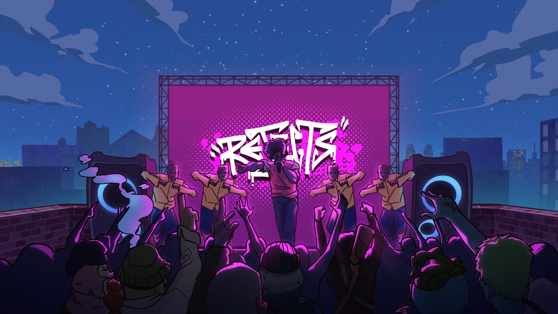 A Rejects rooftop party: a rapper on stage in front of a glowing Rejects screen, the crowd’s hands in the air